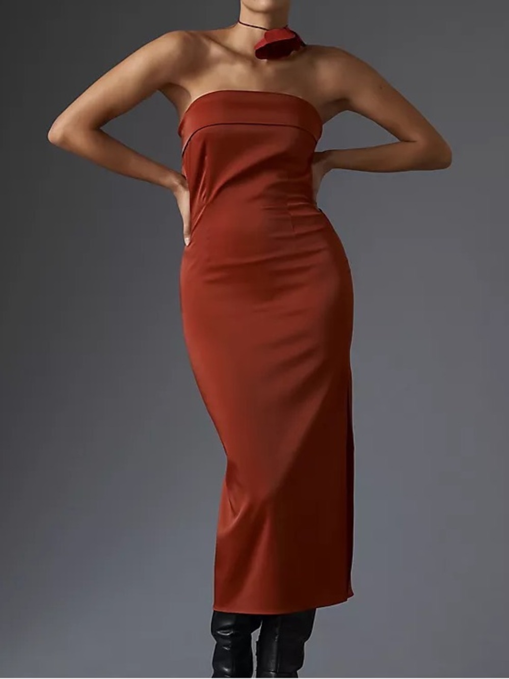 Anthropologie Strapless Cowl Back Midi Dress Satin Red Rust Evening Cocktail